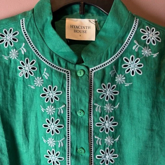 NWT Tuckernuck Hyacinth House Embroidered Linen Montauk Lounge Shirt Green - Picture 6 of 12